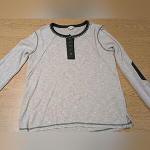 Hem & Thread Cream Ribbed Long Sleeve Henley with Dark Green Trim